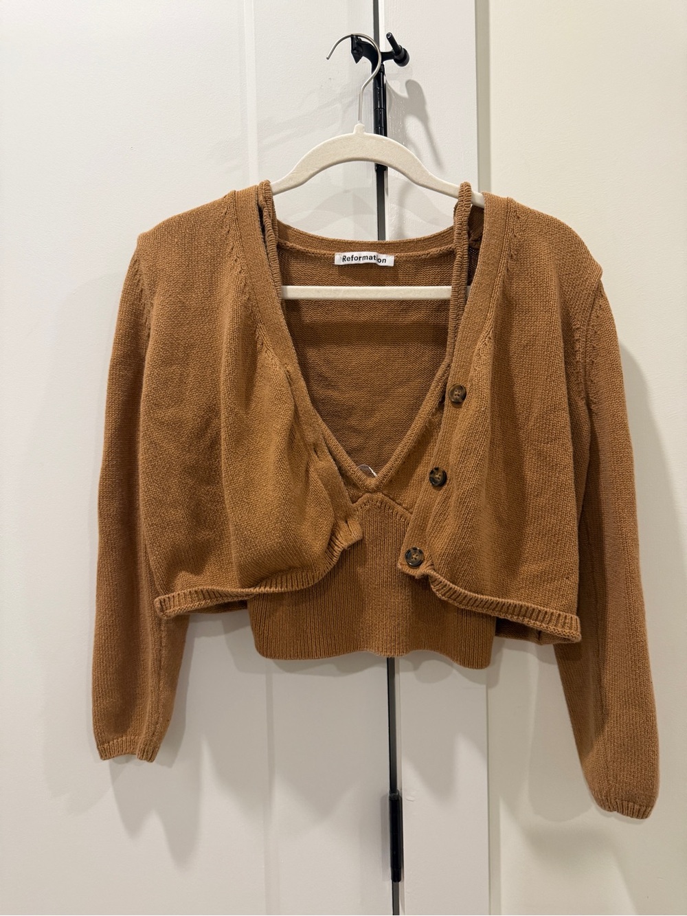 Reformation Cropped V-Neck Sweater & Button Cardigan Set - Brown
